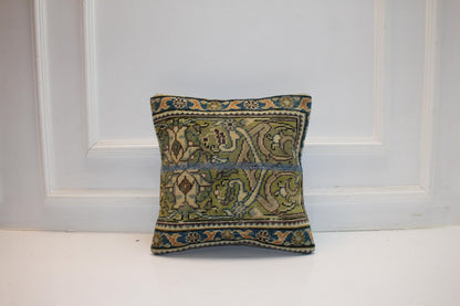 Vintage Turkish Kilim Lumbar Pillow, Green & Blue Woven Rug Cushion, 16x16