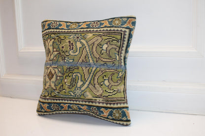 Vintage Turkish Kilim Lumbar Pillow, Green & Blue Woven Rug Cushion, 16x16