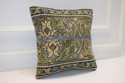 Vintage Turkish Kilim Lumbar Pillow, Green & Blue Woven Rug Cushion, 16x16