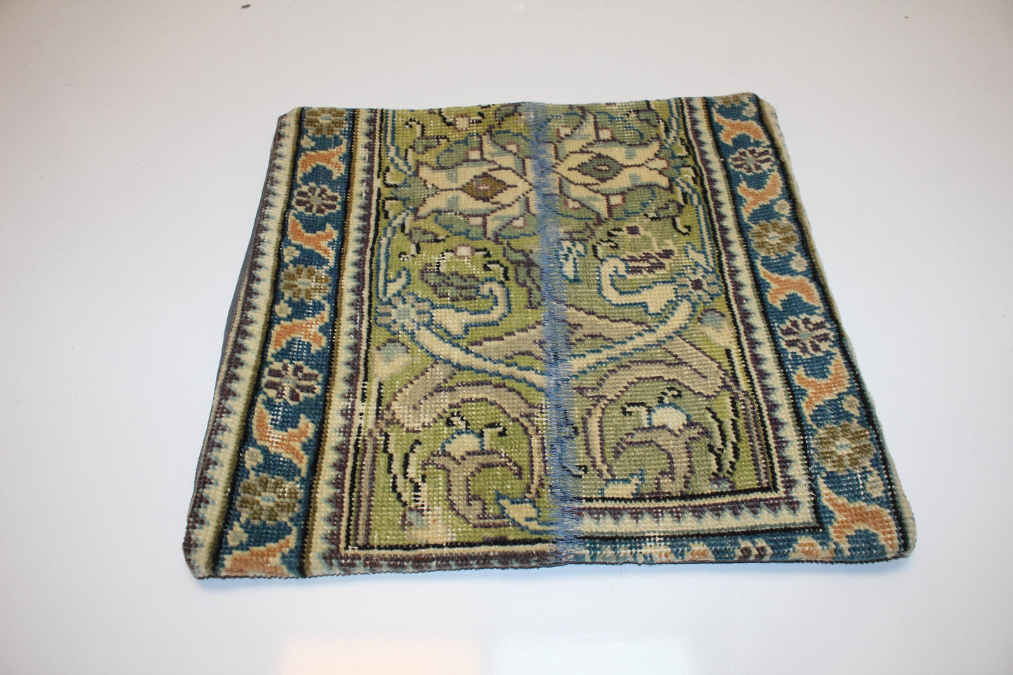 Vintage Turkish Kilim Lumbar Pillow, Green & Blue Woven Rug Cushion, 16x16