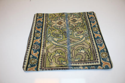 Vintage Turkish Kilim Lumbar Pillow, Green & Blue Woven Rug Cushion, 16x16
