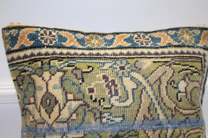 Vintage Turkish Kilim Lumbar Pillow, Green & Blue Woven Rug Cushion, 16x16