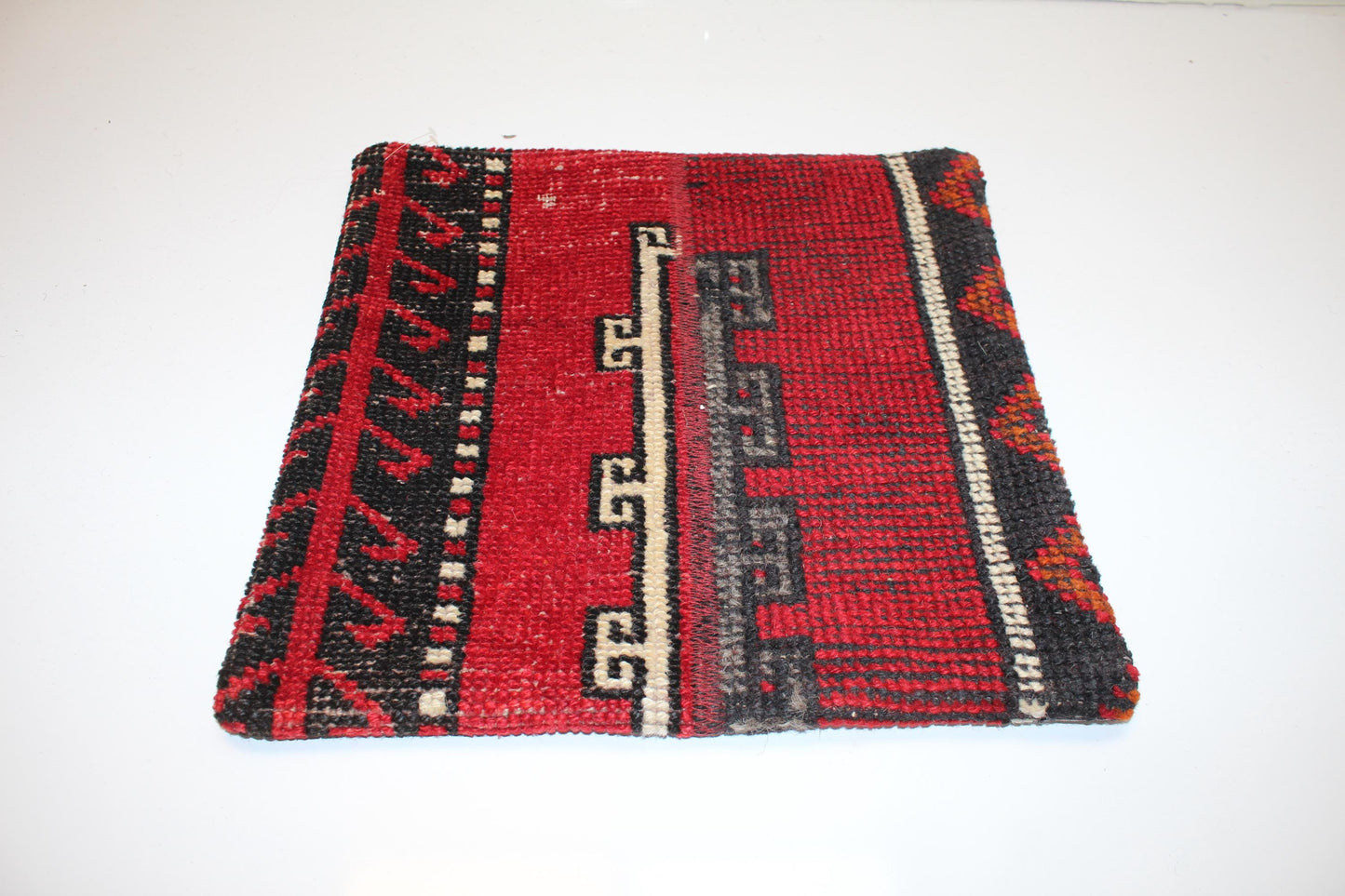 Vintage Turkish Persian Kilim Lumbar Pillow, Red Tribal Woven Cushion, Handmade Rug Pillow Cover, 16x16 inch
