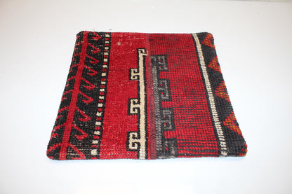 Vintage Turkish Persian Kilim Lumbar Pillow, Red Tribal Woven Cushion, Handmade Rug Pillow Cover, 16x16 inch