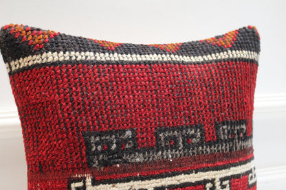 Vintage Turkish Persian Kilim Lumbar Pillow, Red Tribal Woven Cushion, Handmade Rug Pillow Cover, 16x16 inch