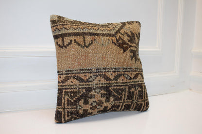 Vintage Turkish Persian Kilim Lumbar Pillow, Neutral Brown Tribal Woven Cushion, Handmade Rug Pillow Cover, 16x16 inch
