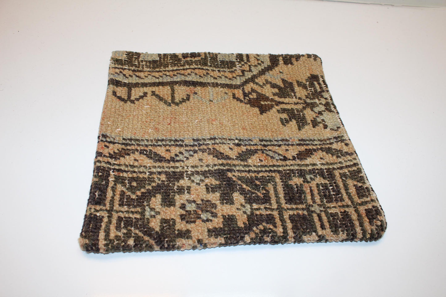Vintage Turkish Persian Kilim Lumbar Pillow, Neutral Brown Tribal Woven Cushion, Handmade Rug Pillow Cover, 16x16 inch