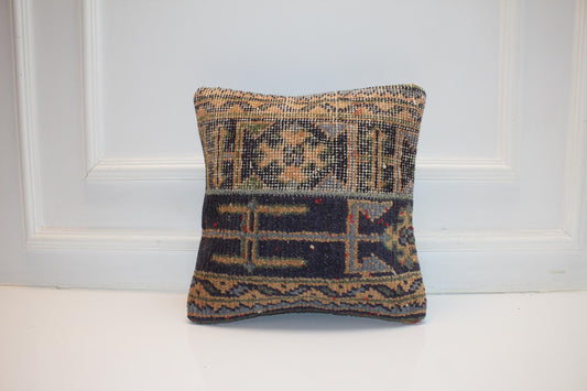 Vintage Turkish Persian Kilim Lumbar Pillow, Blue Beige Tribal Woven Cushion, Handmade Rug Pillow Cover, 16x16 inch