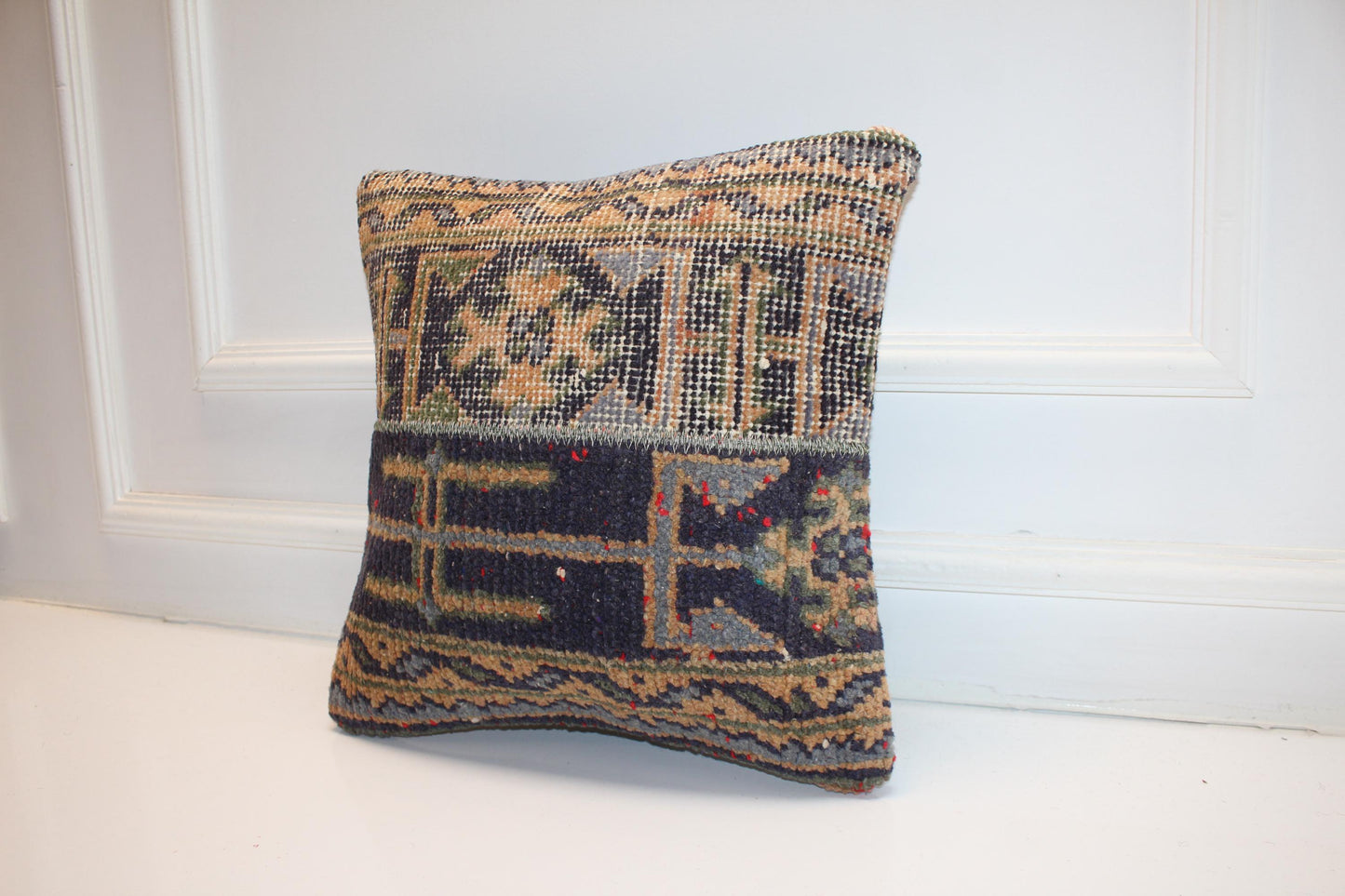 Vintage Turkish Persian Kilim Lumbar Pillow, Blue Beige Tribal Woven Cushion, Handmade Rug Pillow Cover, 16x16 inch