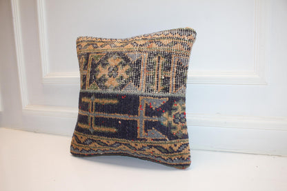 Vintage Turkish Persian Kilim Lumbar Pillow, Blue Beige Tribal Woven Cushion, Handmade Rug Pillow Cover, 16x16 inch