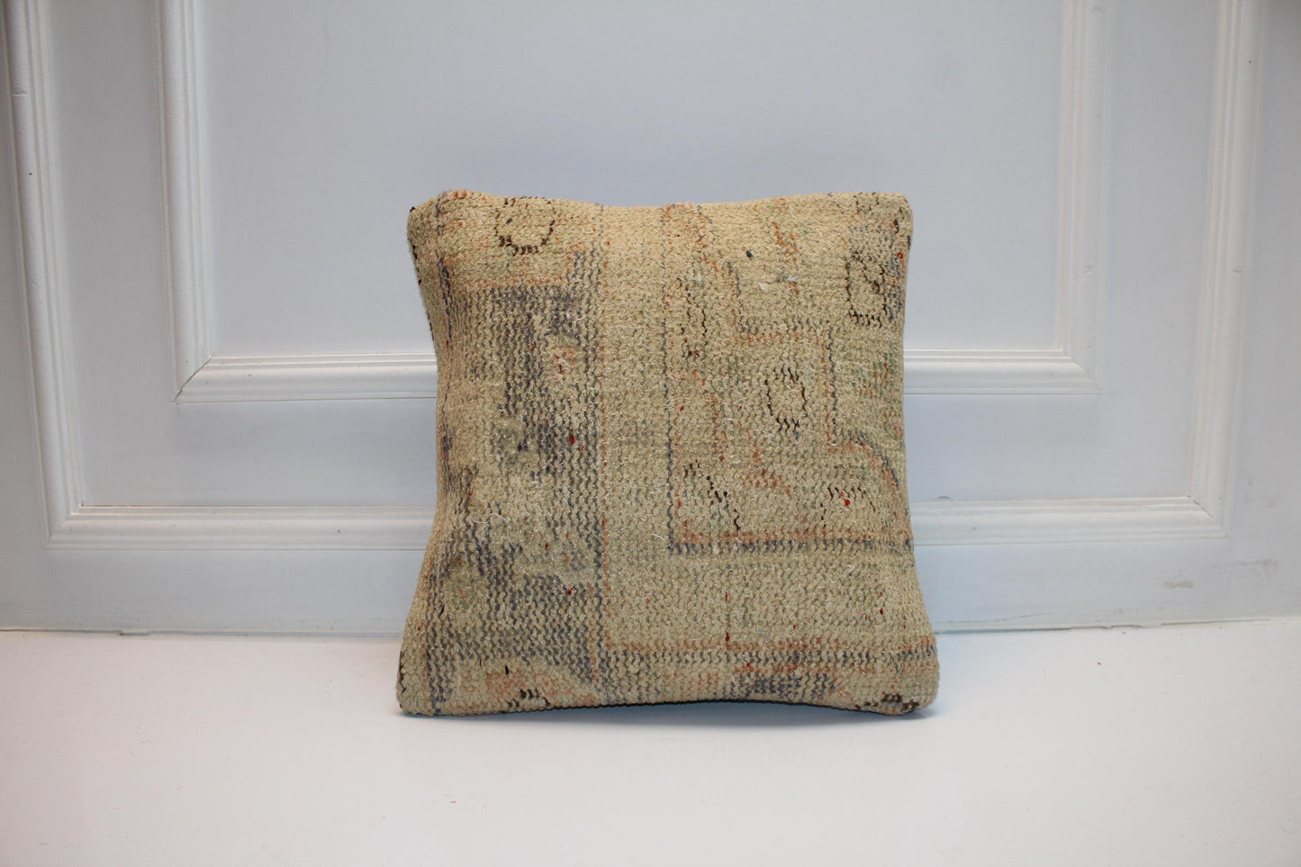 Vintage Turkish Persian Kilim Lumbar Pillow, Neutral Beige Minimal Woven Cushion, Handmade Rug Pillow Cover, 16x16 inch