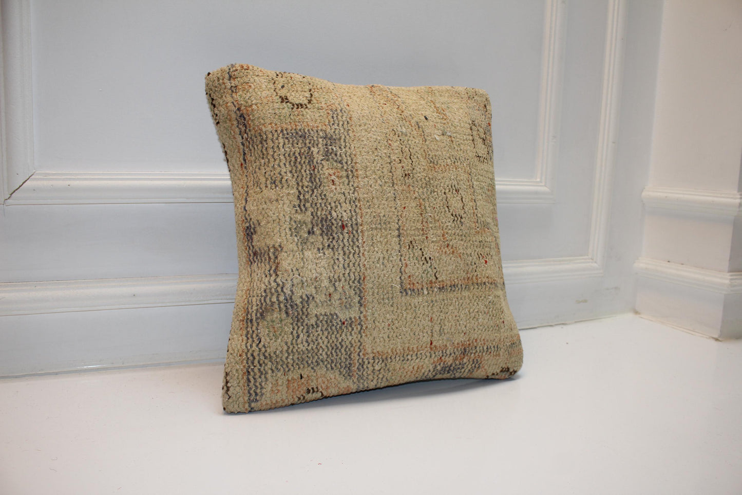 Vintage Turkish Persian Kilim Lumbar Pillow, Neutral Beige Minimal Woven Cushion, Handmade Rug Pillow Cover, 16x16 inch