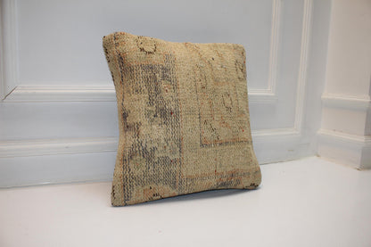 Vintage Turkish Persian Kilim Lumbar Pillow, Neutral Beige Minimal Woven Cushion, Handmade Rug Pillow Cover, 16x16 inch