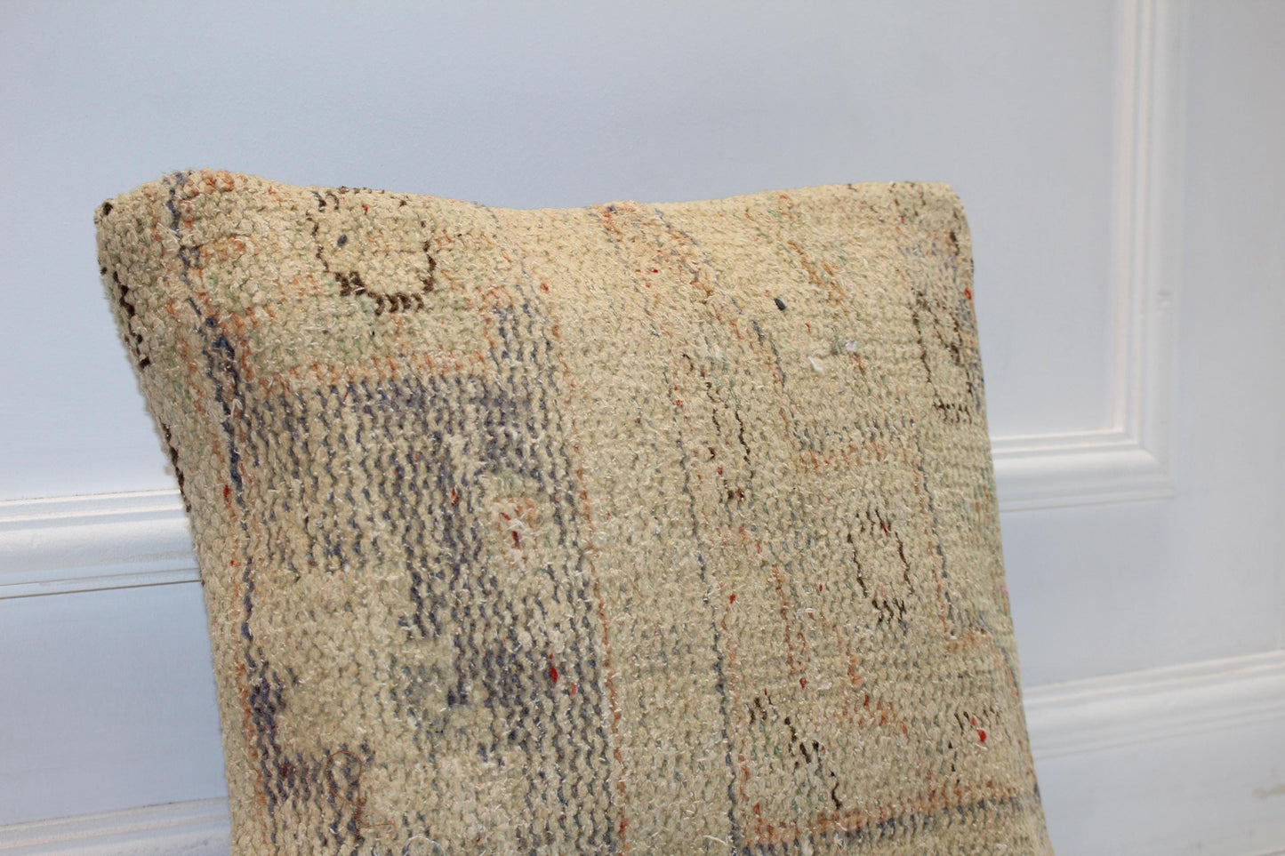 Vintage Turkish Persian Kilim Lumbar Pillow, Neutral Beige Minimal Woven Cushion, Handmade Rug Pillow Cover, 16x16 inch