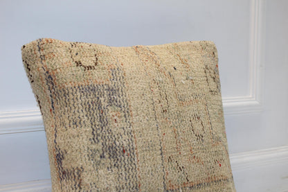 Vintage Turkish Persian Kilim Lumbar Pillow, Neutral Beige Minimal Woven Cushion, Handmade Rug Pillow Cover, 16x16 inch