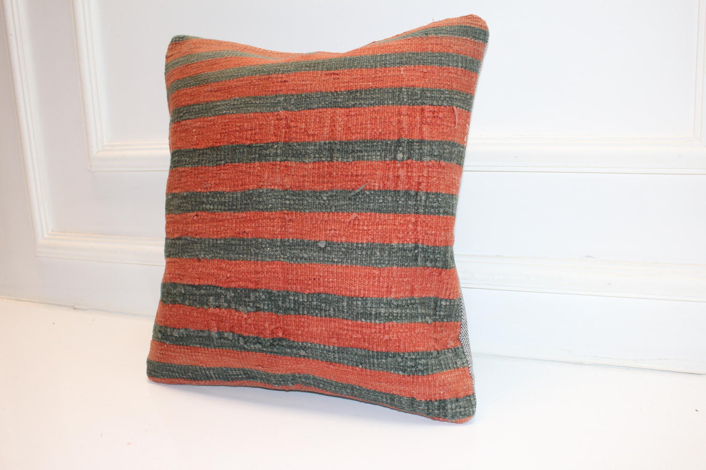 Vintage Turkish Persian Kilim Lumbar Pillow, Orange Green Striped Woven Cushion, Handmade Rug Pillow Cover, 16x16 inch