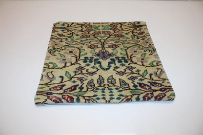 Vintage Turkish Persian Kilim Lumbar Pillow, Cream Floral Woven Cushion, Handmade Rug Pillow Cover, 16x16 inch