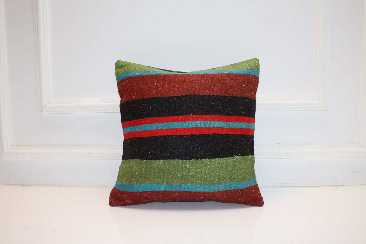 Vintage Turkish Persian Kilim Lumbar Pillow, Black Red Green Striped Woven Cushion, Handmade Rug Pillow Cover, 16x16 inch