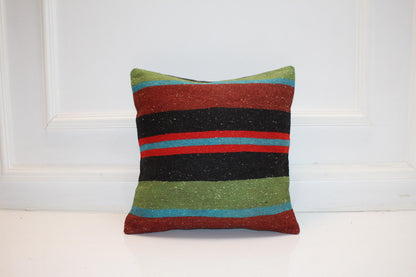 Vintage Turkish Persian Kilim Lumbar Pillow, Black Red Green Striped Woven Cushion, Handmade Rug Pillow Cover, 16x16 inch