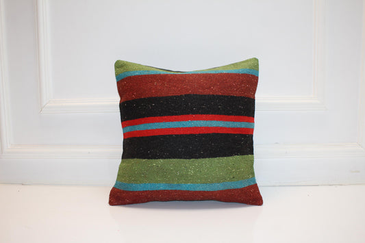 Vintage Turkish Persian Kilim Lumbar Pillow, Black Red Green Striped Woven Cushion, Handmade Rug Pillow Cover, 16x16 inch