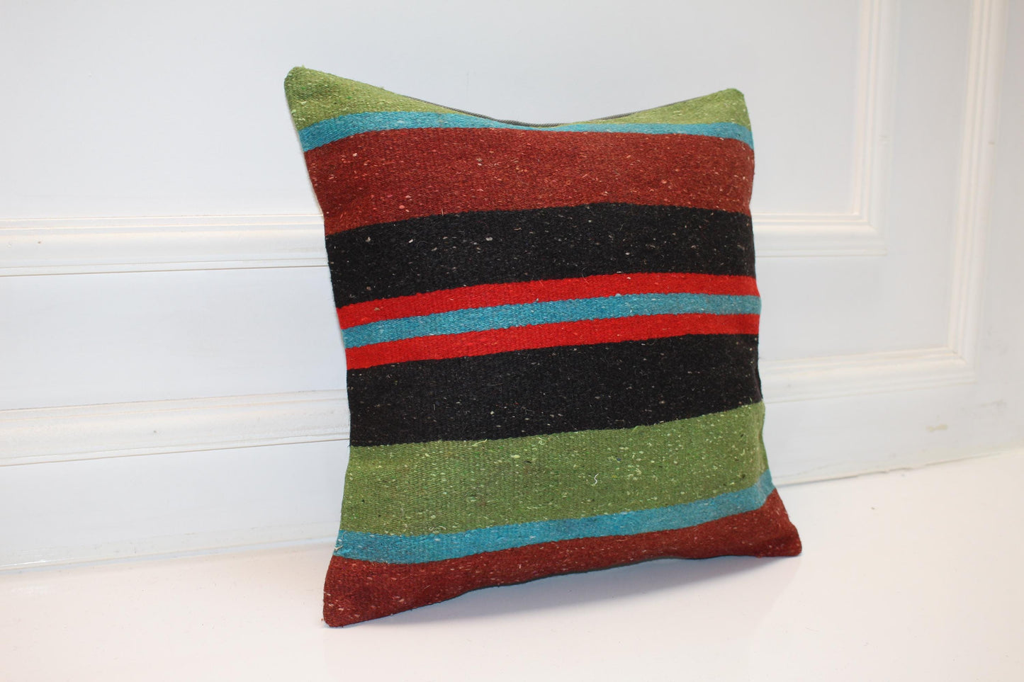 Vintage Turkish Persian Kilim Lumbar Pillow, Black Red Green Striped Woven Cushion, Handmade Rug Pillow Cover, 16x16 inch