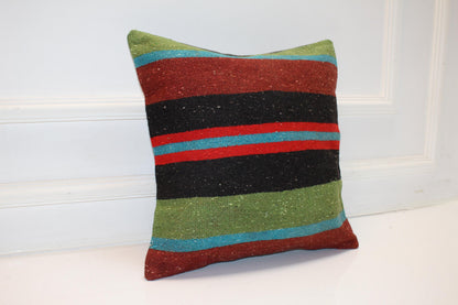 Vintage Turkish Persian Kilim Lumbar Pillow, Black Red Green Striped Woven Cushion, Handmade Rug Pillow Cover, 16x16 inch