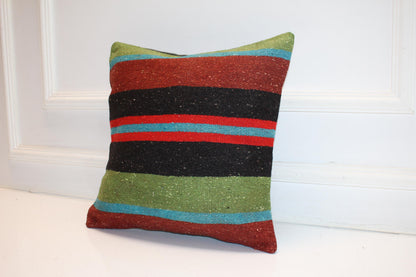 Vintage Turkish Persian Kilim Lumbar Pillow, Black Red Green Striped Woven Cushion, Handmade Rug Pillow Cover, 16x16 inch