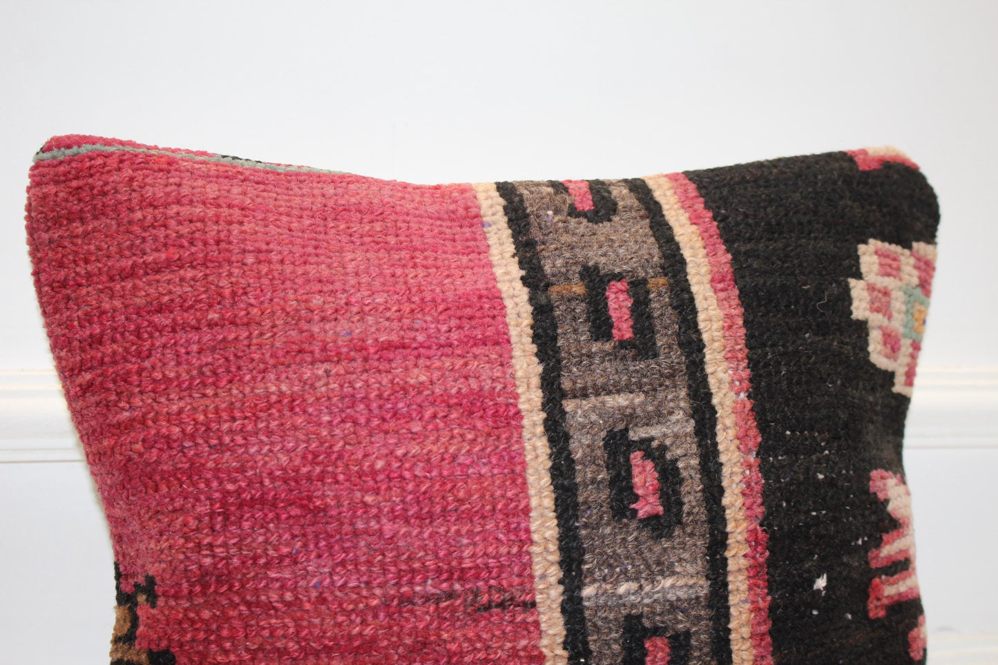Vintage Turkish Persian Kilim Lumbar Pillow, Pink Black Tribal Woven Cushion, Handmade Rug Pillow Cover, 16x16 inch