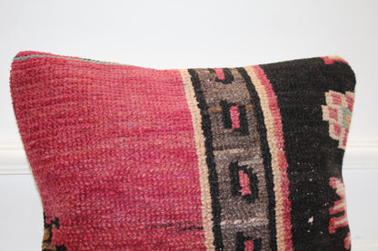 Vintage Turkish Persian Kilim Lumbar Pillow, Pink Black Tribal Woven Cushion, Handmade Rug Pillow Cover, 16x16 inch