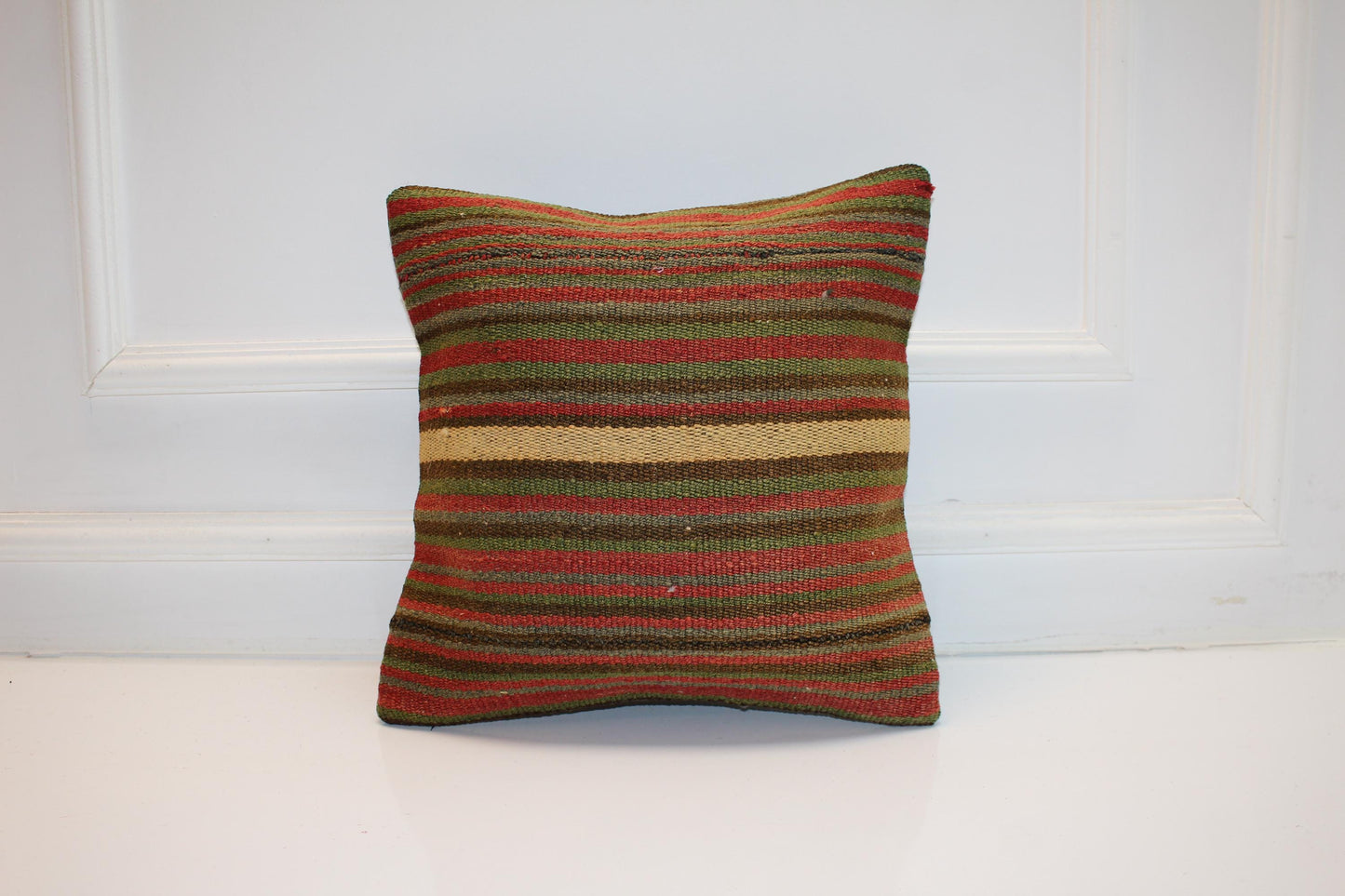 Vintage Turkish Persian Kilim Lumbar Pillow, Green Red Striped Woven Cushion, Handmade Rug Pillow Cover, 16x16 inch