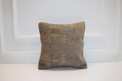 Vintage Turkish Persian Kilim Lumbar Pillow, Taupe Neutral Minimal Woven Cushion, Handmade Rug Pillow Cover, 16x16 inch