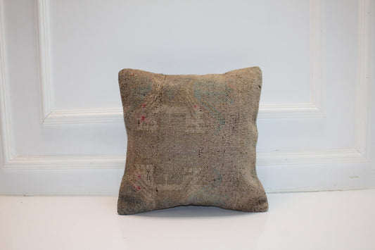 Vintage Turkish Persian Kilim Lumbar Pillow, Taupe Neutral Minimal Woven Cushion, Handmade Rug Pillow Cover, 16x16 inch