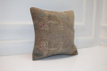 Vintage Turkish Persian Kilim Lumbar Pillow, Taupe Neutral Minimal Woven Cushion, Handmade Rug Pillow Cover, 16x16 inch