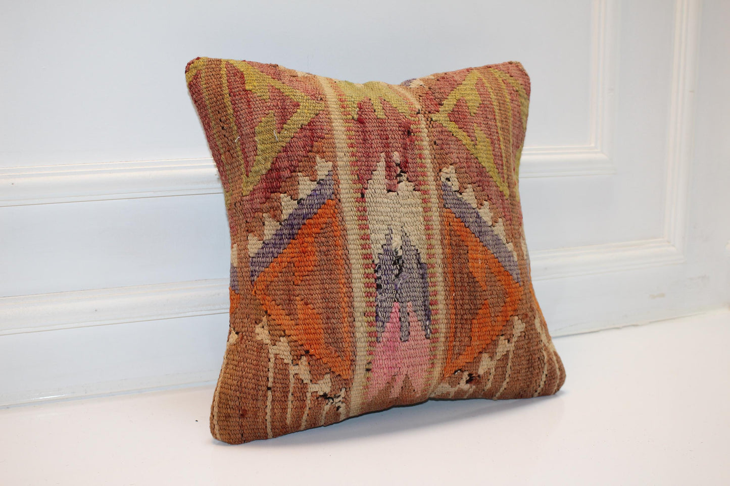 Vintage Turkish Persian Kilim Lumbar Pillow, Orange Mustard Geometric Woven Cushion, Handmade Rug Pillow Cover, 16x16 inch