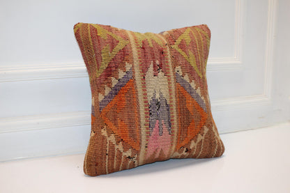 Vintage Turkish Persian Kilim Lumbar Pillow, Orange Mustard Geometric Woven Cushion, Handmade Rug Pillow Cover, 16x16 inch