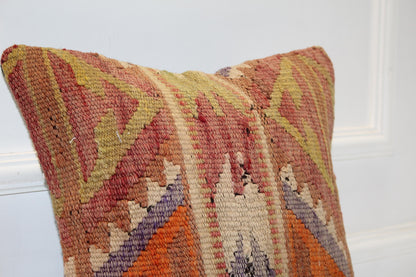 Vintage Turkish Persian Kilim Lumbar Pillow, Orange Mustard Geometric Woven Cushion, Handmade Rug Pillow Cover, 16x16 inch