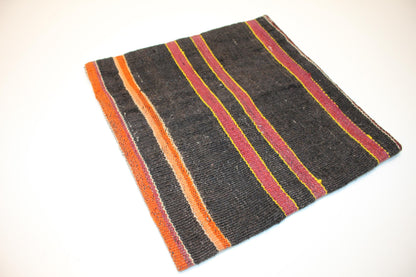 Vintage Turkish Persian Kilim Lumbar Pillow, Black Orange Striped Woven Cushion, Handmade Rug Pillow Cover, 16x16 inch