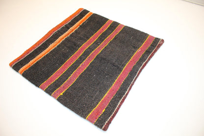 Vintage Turkish Persian Kilim Lumbar Pillow, Black Orange Striped Woven Cushion, Handmade Rug Pillow Cover, 16x16 inch