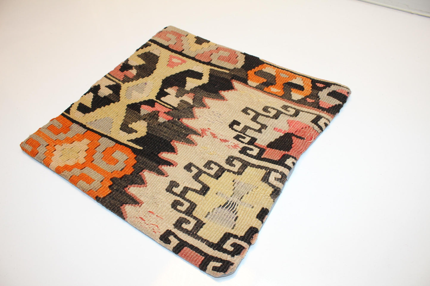 Vintage Turkish Persian Kilim Lumbar Pillow, Beige Black Geometric Woven Cushion, Handmade Rug Pillow Cover, 16x16 inch