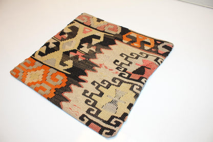 Vintage Turkish Persian Kilim Lumbar Pillow, Beige Black Geometric Woven Cushion, Handmade Rug Pillow Cover, 16x16 inch