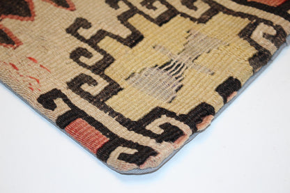 Vintage Turkish Persian Kilim Lumbar Pillow, Beige Black Geometric Woven Cushion, Handmade Rug Pillow Cover, 16x16 inch