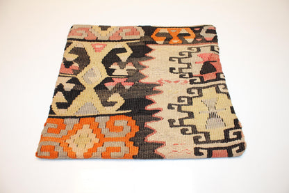 Vintage Turkish Persian Kilim Lumbar Pillow, Beige Black Geometric Woven Cushion, Handmade Rug Pillow Cover, 16x16 inch