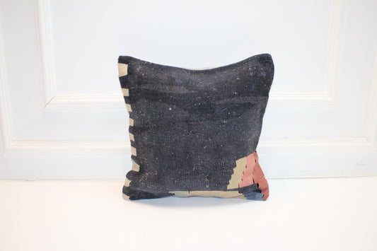 Vintage Turkish Persian Kilim Lumbar Pillow, Black Minimal Woven Cushion, Handmade Rug Pillow Cover, 16x16 inch