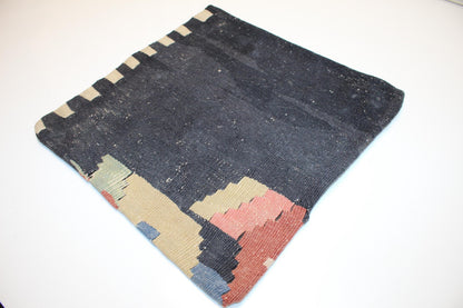 Vintage Turkish Persian Kilim Lumbar Pillow, Black Minimal Woven Cushion, Handmade Rug Pillow Cover, 16x16 inch