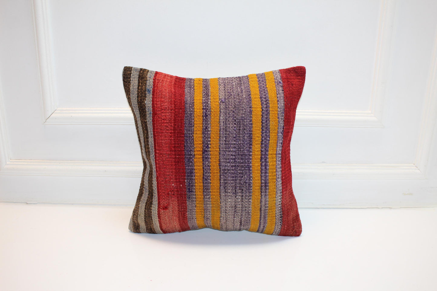 Vintage Turkish Persian Kilim Lumbar Pillow, Red Yellow Purple Striped Woven Cushion, Handmade Rug Pillow Cover, 16x16 inch