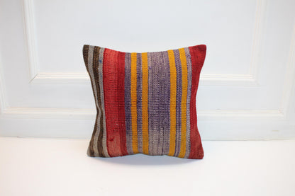 Vintage Turkish Persian Kilim Lumbar Pillow, Red Yellow Purple Striped Woven Cushion, Handmade Rug Pillow Cover, 16x16 inch