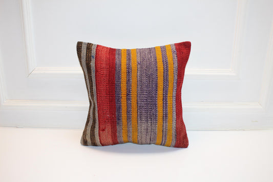 Vintage Turkish Persian Kilim Lumbar Pillow, Red Yellow Purple Striped Woven Cushion, Handmade Rug Pillow Cover, 16x16 inch
