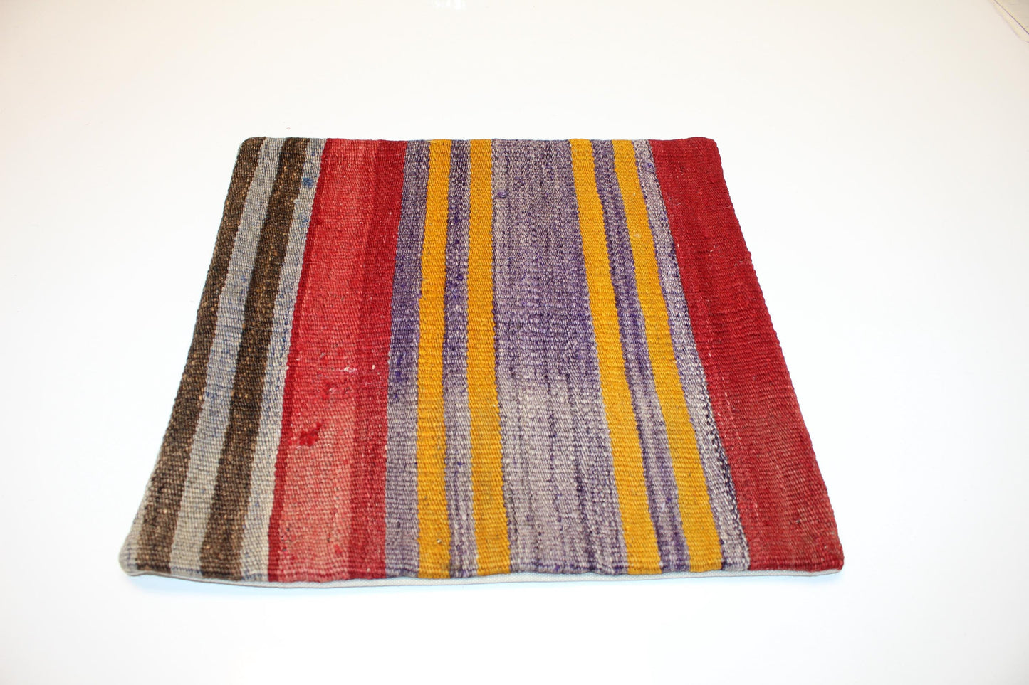 Vintage Turkish Persian Kilim Lumbar Pillow, Red Yellow Purple Striped Woven Cushion, Handmade Rug Pillow Cover, 16x16 inch