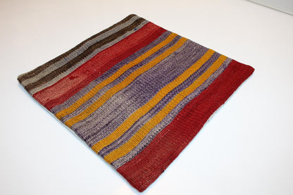 Vintage Turkish Persian Kilim Lumbar Pillow, Red Yellow Purple Striped Woven Cushion, Handmade Rug Pillow Cover, 16x16 inch