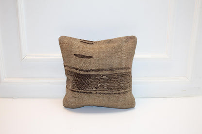 Vintage Turkish Persian Kilim Lumbar Pillow, Neutral Beige Brown Minimal Woven Cushion, Handmade Rug Pillow Cover, 16x16 inch